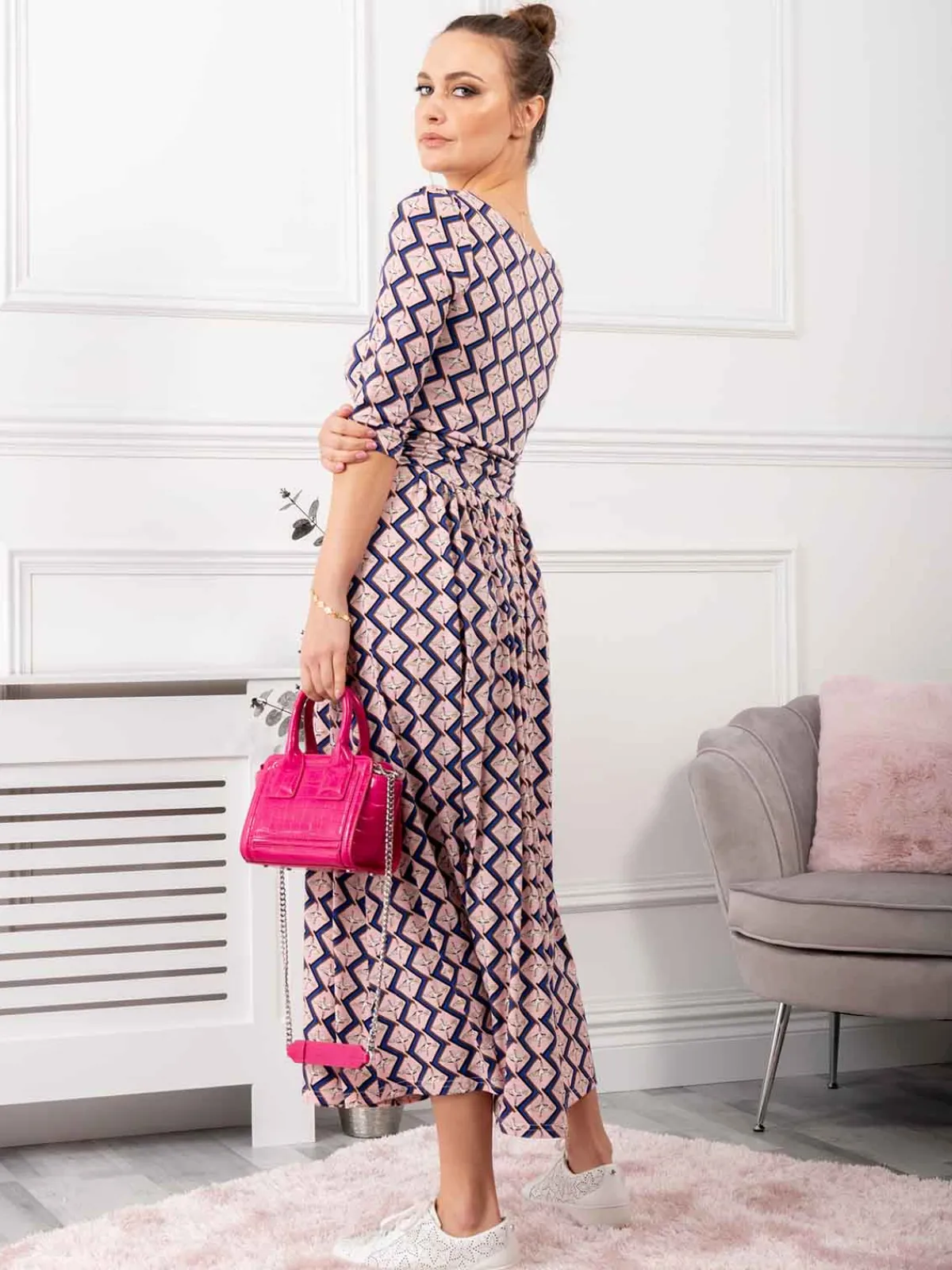 Jolie Moi Occasion Dresses|Weekend Casuals-Pauline Sleeved Maxi Dress, Pink Birds
