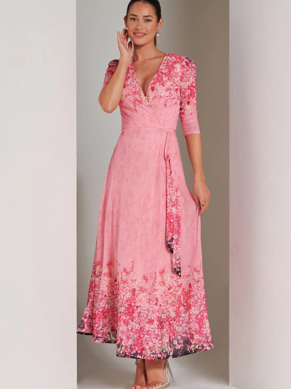 Jolie Moi Occasion Dresses|Floral Dresses-Peggy Ruched Sleeve Wrap Mesh Maxi Dress, Pink Multi