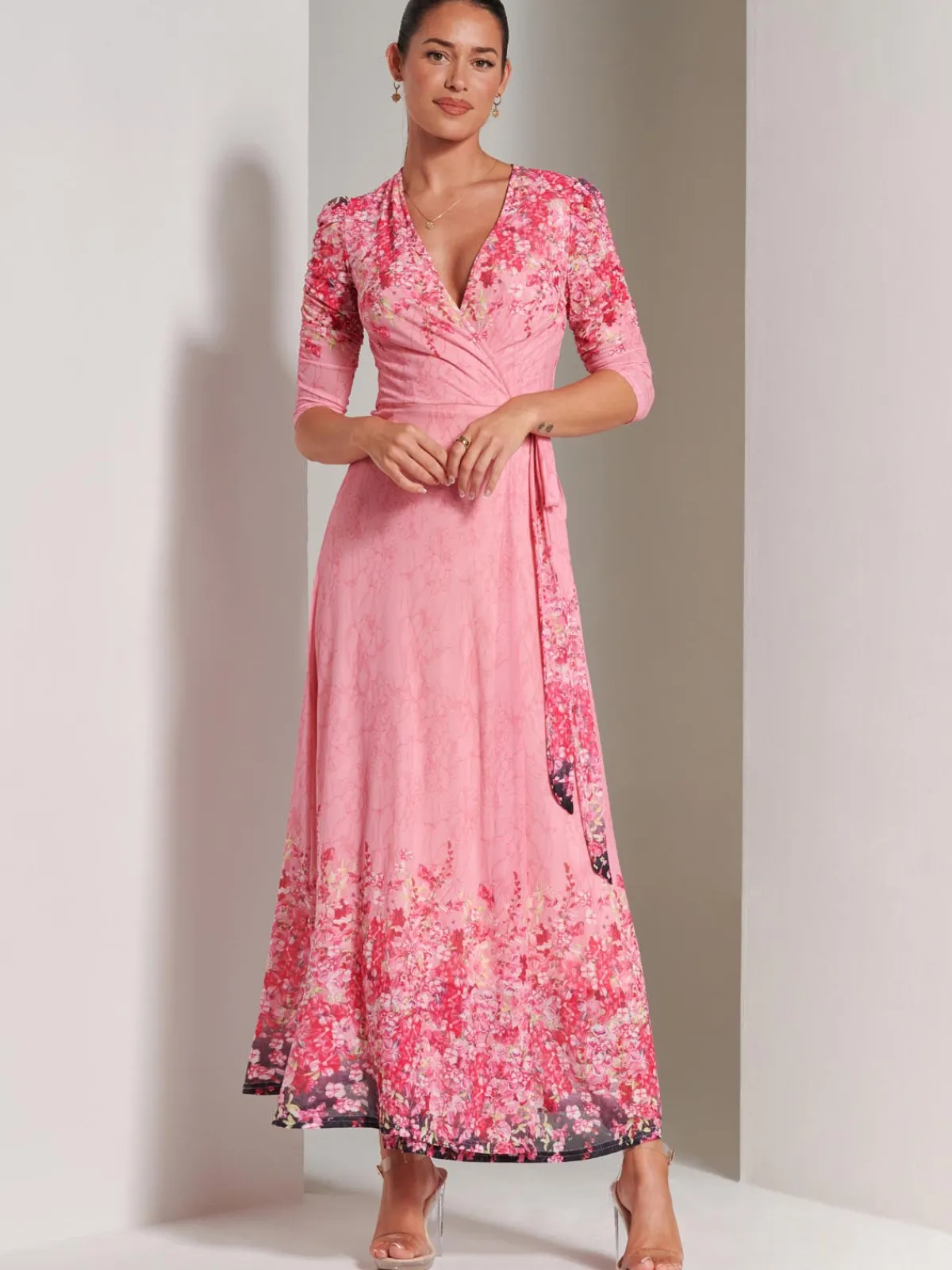 Jolie Moi Occasion Dresses|Floral Dresses-Peggy Ruched Sleeve Wrap Mesh Maxi Dress, Pink Multi