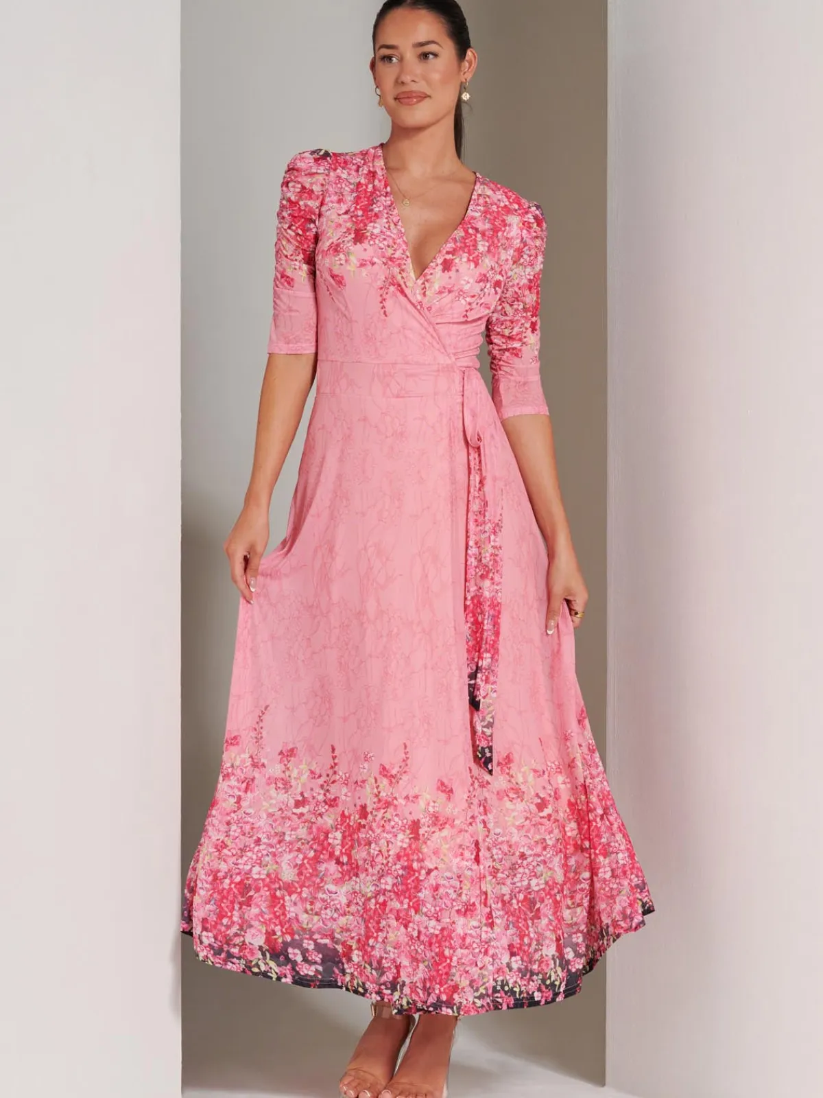 Jolie Moi Occasion Dresses|Floral Dresses-Peggy Ruched Sleeve Wrap Mesh Maxi Dress, Pink Multi
