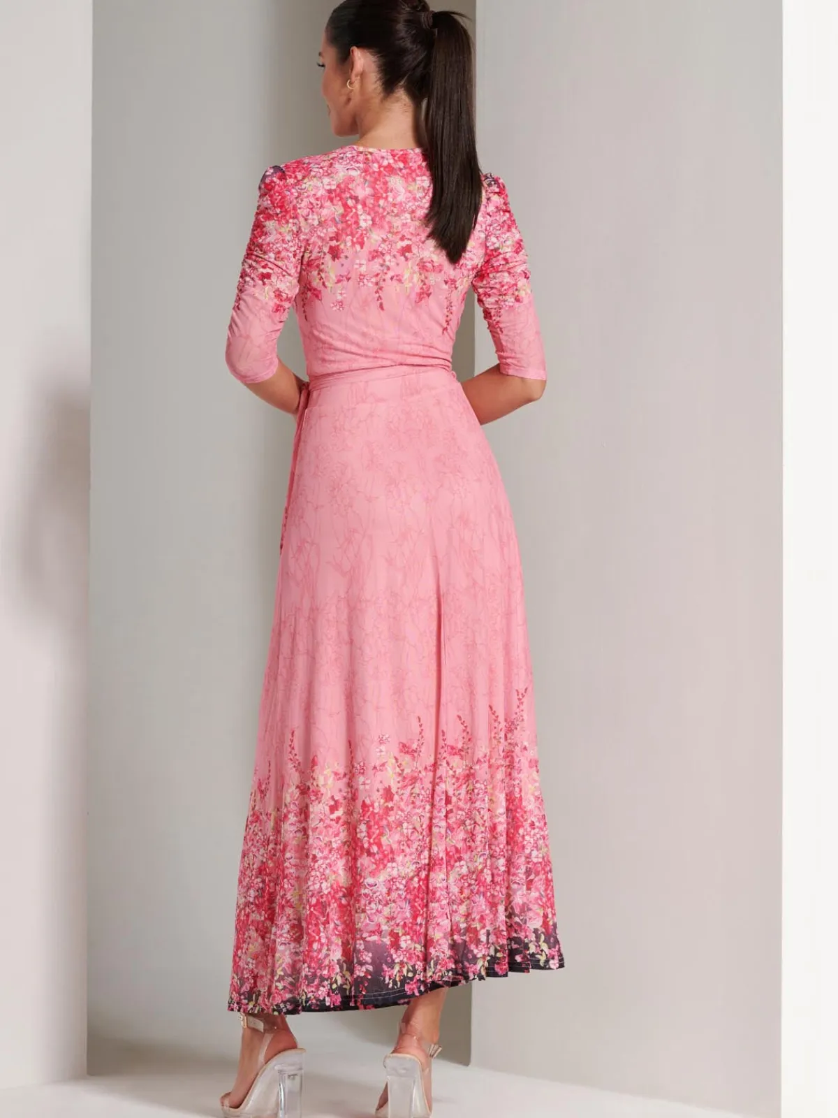 Jolie Moi Occasion Dresses|Floral Dresses-Peggy Ruched Sleeve Wrap Mesh Maxi Dress, Pink Multi