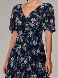 Jolie Moi Occasion Dresses|Floral Dresses-Petite Chiffon Pleated Midaxi Dress, Navy Floral