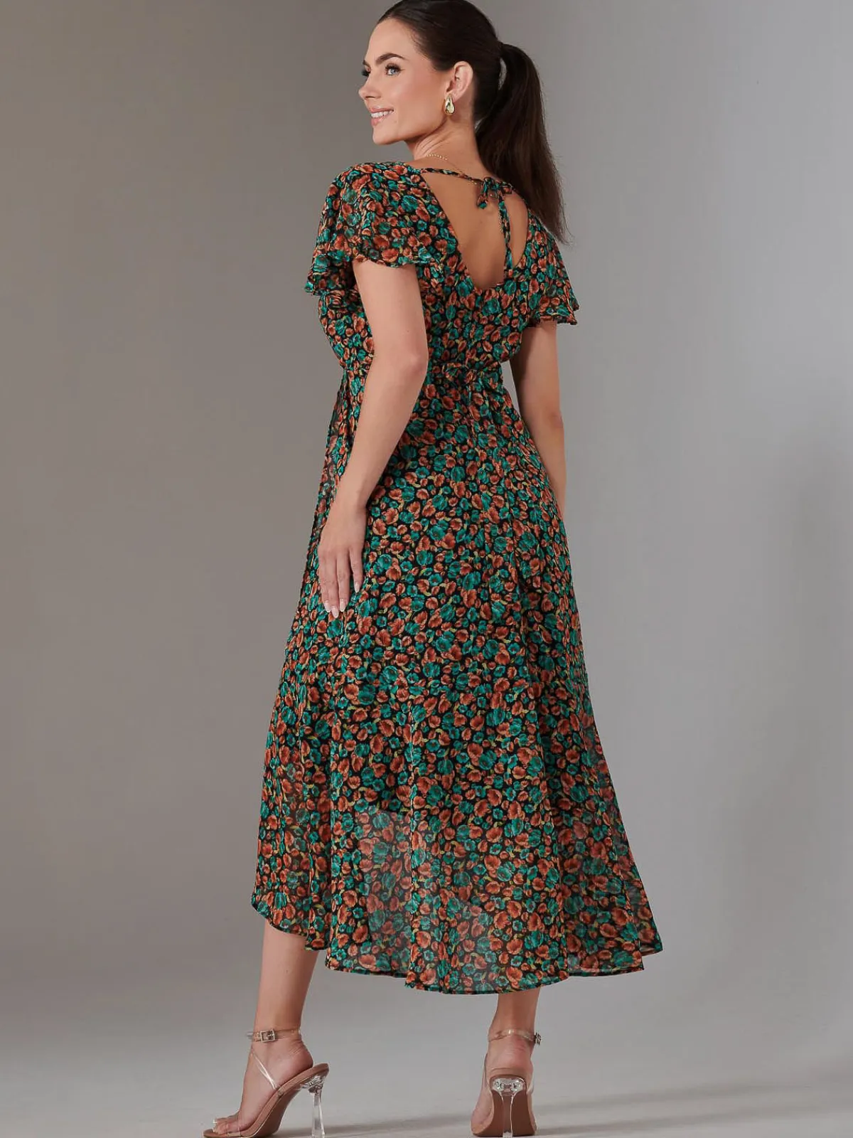 Jolie Moi Occasion Dresses|Floral Dresses-Petite High Low Midaxi Dress, Black Multi