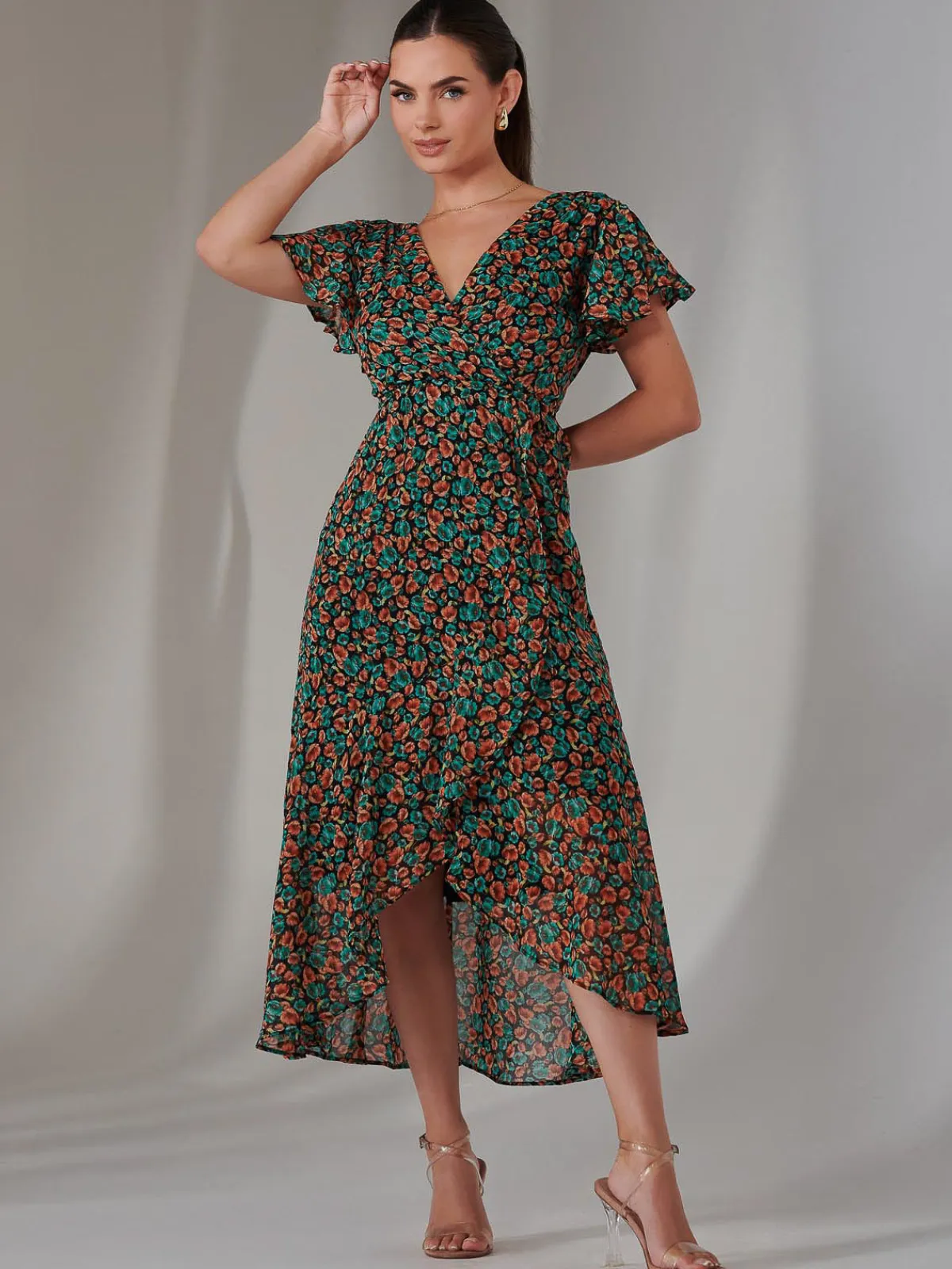 Jolie Moi Occasion Dresses|Floral Dresses-Petite High Low Midaxi Dress, Black Multi
