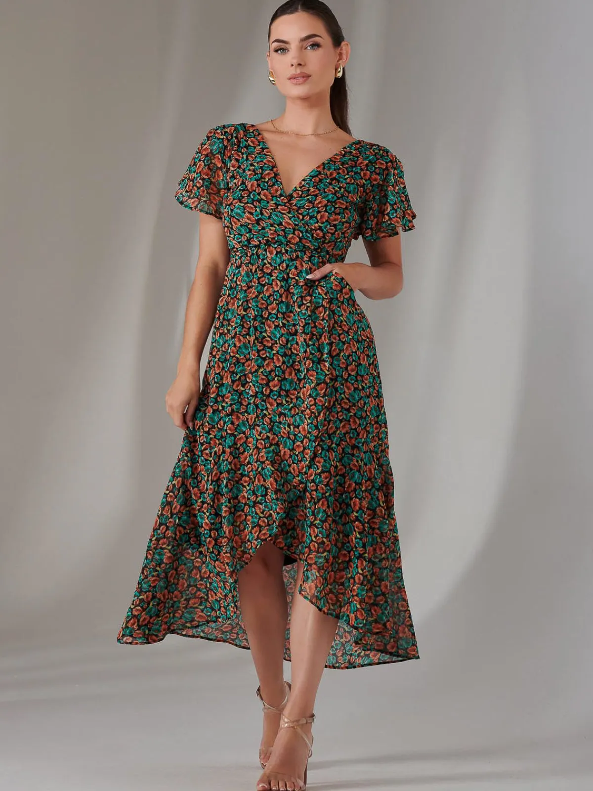 Jolie Moi Occasion Dresses|Floral Dresses-Petite High Low Midaxi Dress, Black Multi