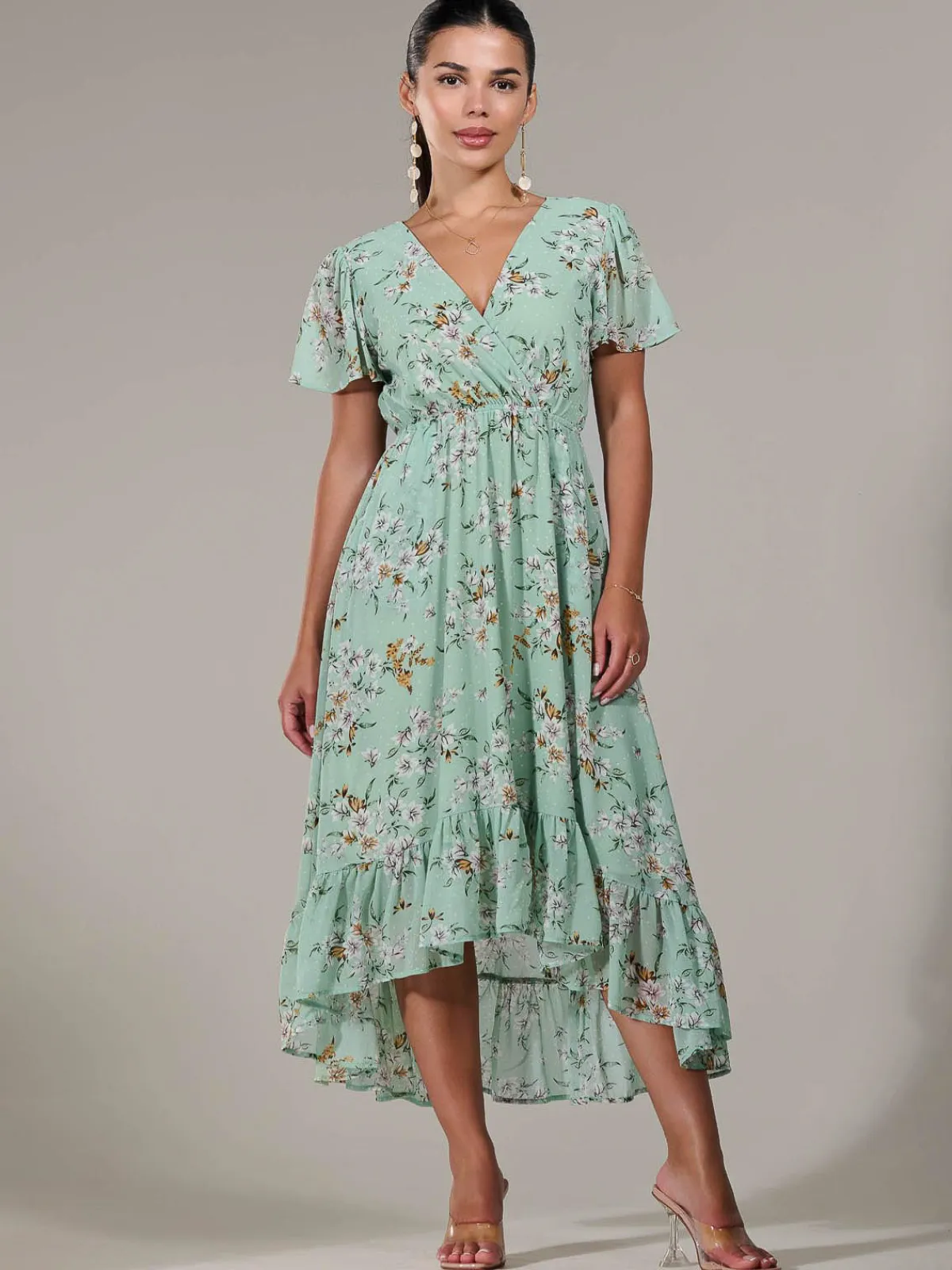 Jolie Moi Occasion Dresses|Floral Dresses-Petite High-Low Midaxi Dress, Green Floral