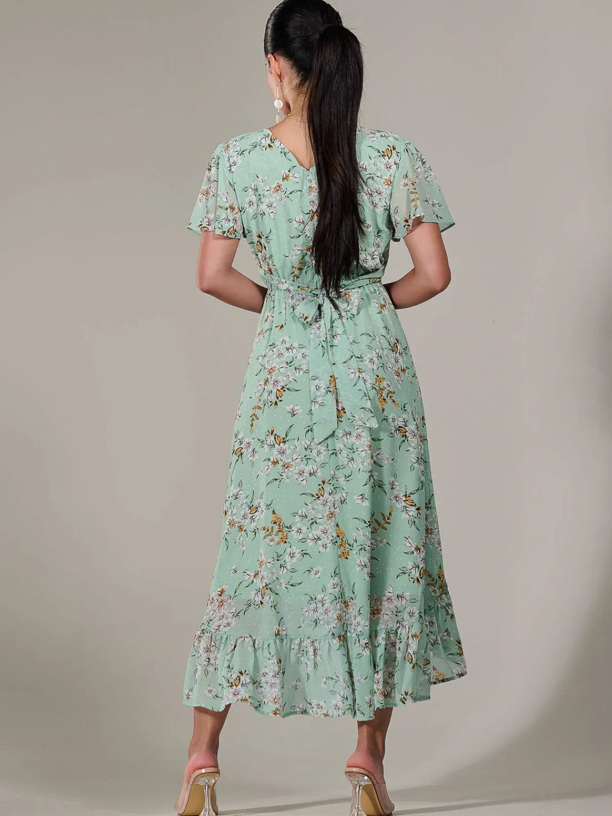 Jolie Moi Occasion Dresses|Floral Dresses-Petite High-Low Midaxi Dress, Green Floral