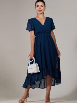 Jolie Moi Occasion Dresses-Petite High-Low Midaxi Dress, Navy
