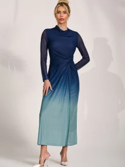 Jolie Moi Mesh Dresses|Long Sleeved Dresses-Petite Long Sleeve Mesh Maxi Dress, Green Multi