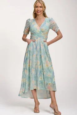 Jolie Moi Occasion Dresses|Mesh Dresses-Petite Mesh Print Dip Hem Maxi Dress, Green Multi