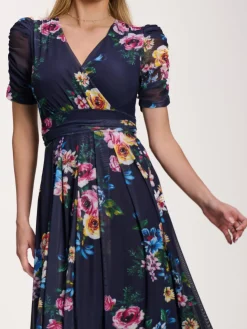 Jolie Moi Floral Dresses|Mesh Dresses-Petite Mesh Print Dip Hem Maxi Dress, Navy Floral