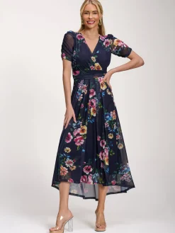 Jolie Moi Floral Dresses|Mesh Dresses-Petite Mesh Print Dip Hem Maxi Dress, Navy Floral