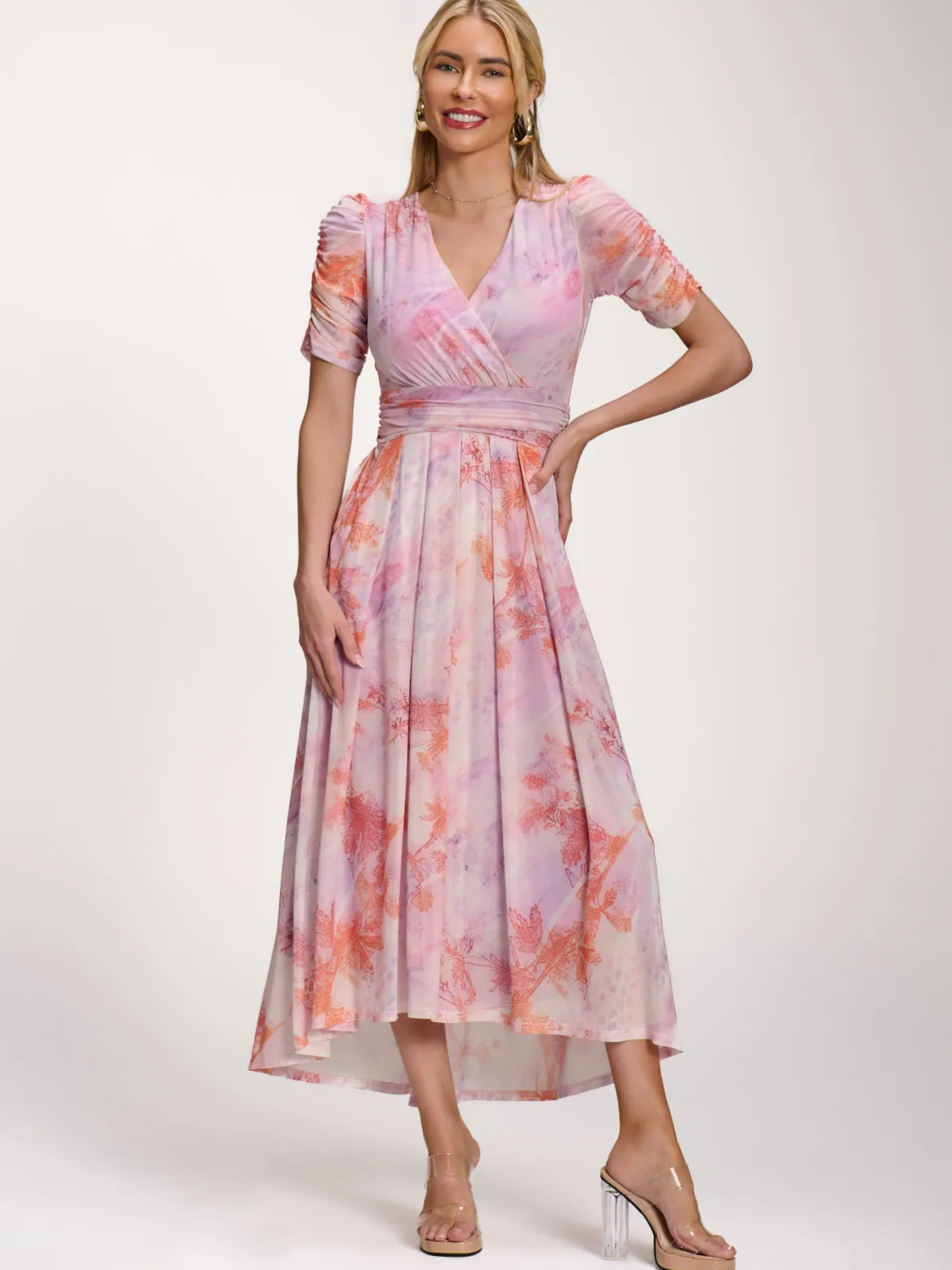 Jolie Moi Party Dresses|Maxi Dresses-Petite Mesh Print Dip Hem Maxi Dress, Purple Multi