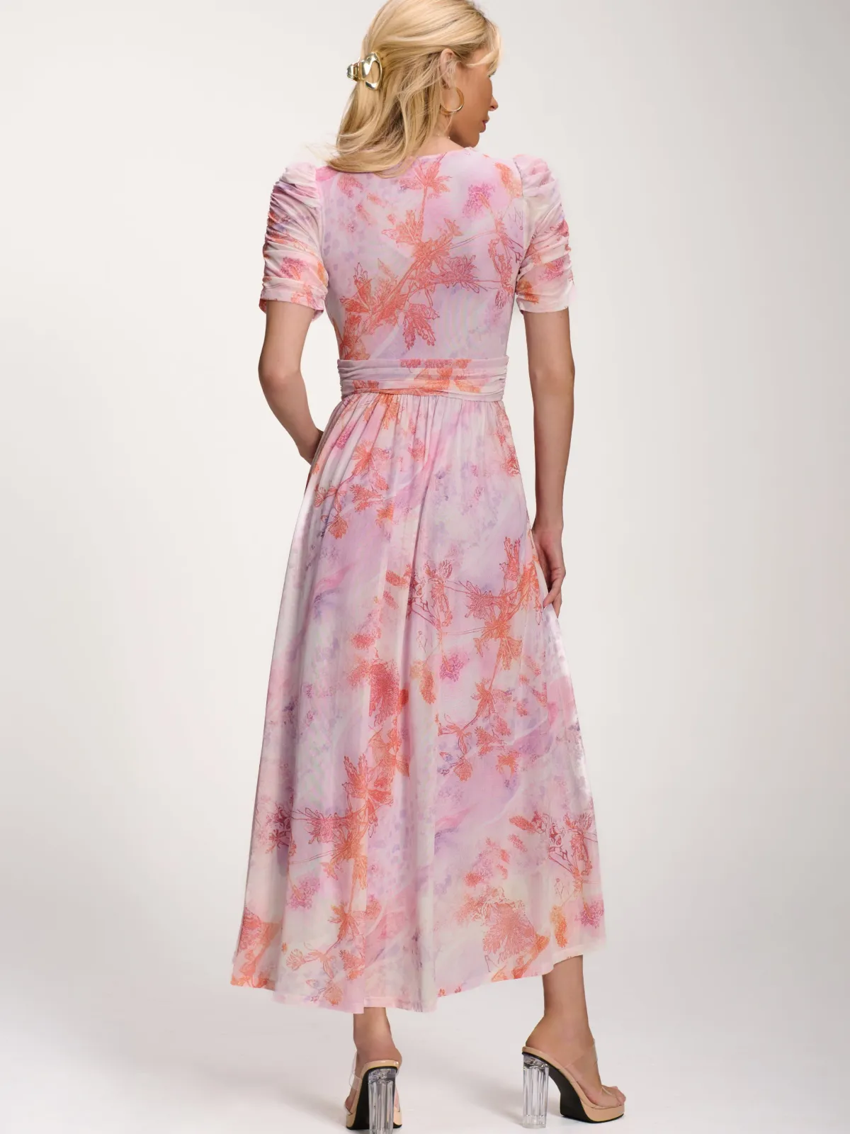 Jolie Moi Party Dresses|Maxi Dresses-Petite Mesh Print Dip Hem Maxi Dress, Purple Multi