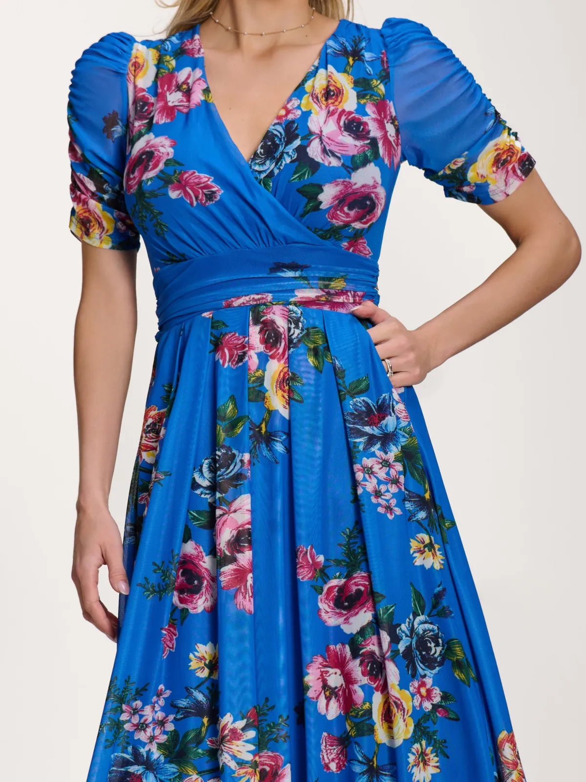 Jolie Moi Occasion Dresses|Floral Dresses-Petite Mesh Print Dip Hem Maxi Dress, Royal Blue Floral