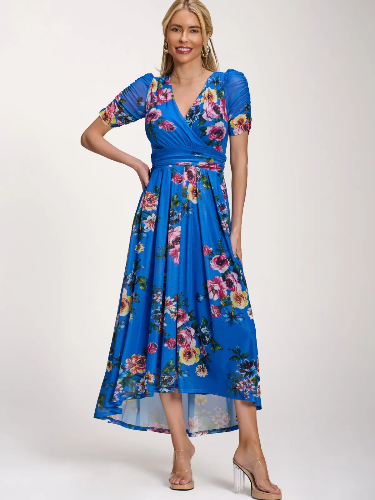 Jolie Moi Occasion Dresses|Floral Dresses-Petite Mesh Print Dip Hem Maxi Dress, Royal Blue Floral
