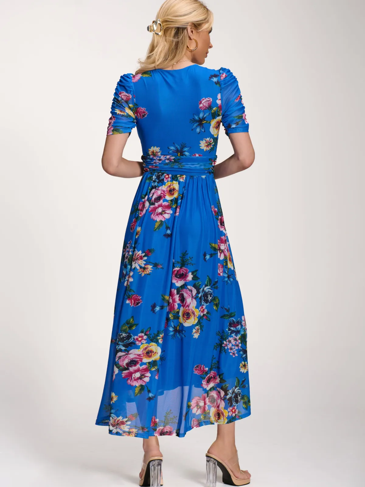 Jolie Moi Occasion Dresses|Floral Dresses-Petite Mesh Print Dip Hem Maxi Dress, Royal Blue Floral