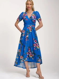 Jolie Moi Occasion Dresses|Floral Dresses-Petite Mesh Print Dip Hem Maxi Dress, Royal Blue Floral