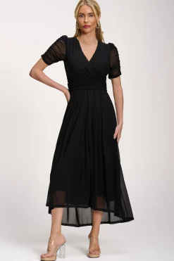 Jolie Moi Occasion Dresses|Party Dresses-Petite Mesh Ruched Sleeve Maxi Dress, Black