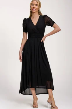 Jolie Moi Occasion Dresses|Party Dresses-Petite Mesh Ruched Sleeve Maxi Dress, Black