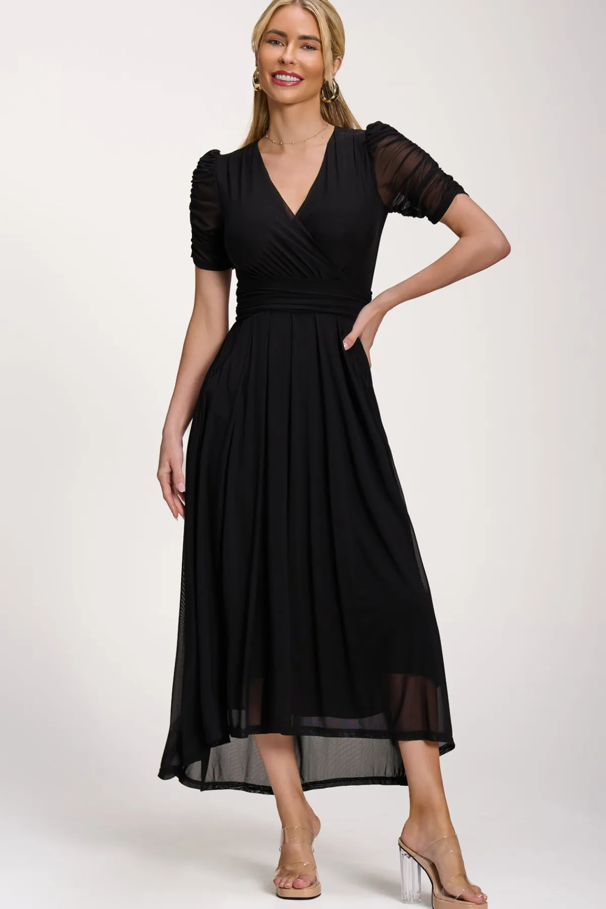 Jolie Moi Occasion Dresses|Party Dresses-Petite Mesh Ruched Sleeve Maxi Dress, Black