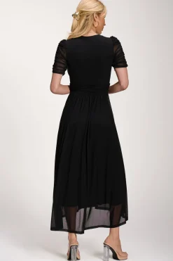 Jolie Moi Occasion Dresses|Party Dresses-Petite Mesh Ruched Sleeve Maxi Dress, Black