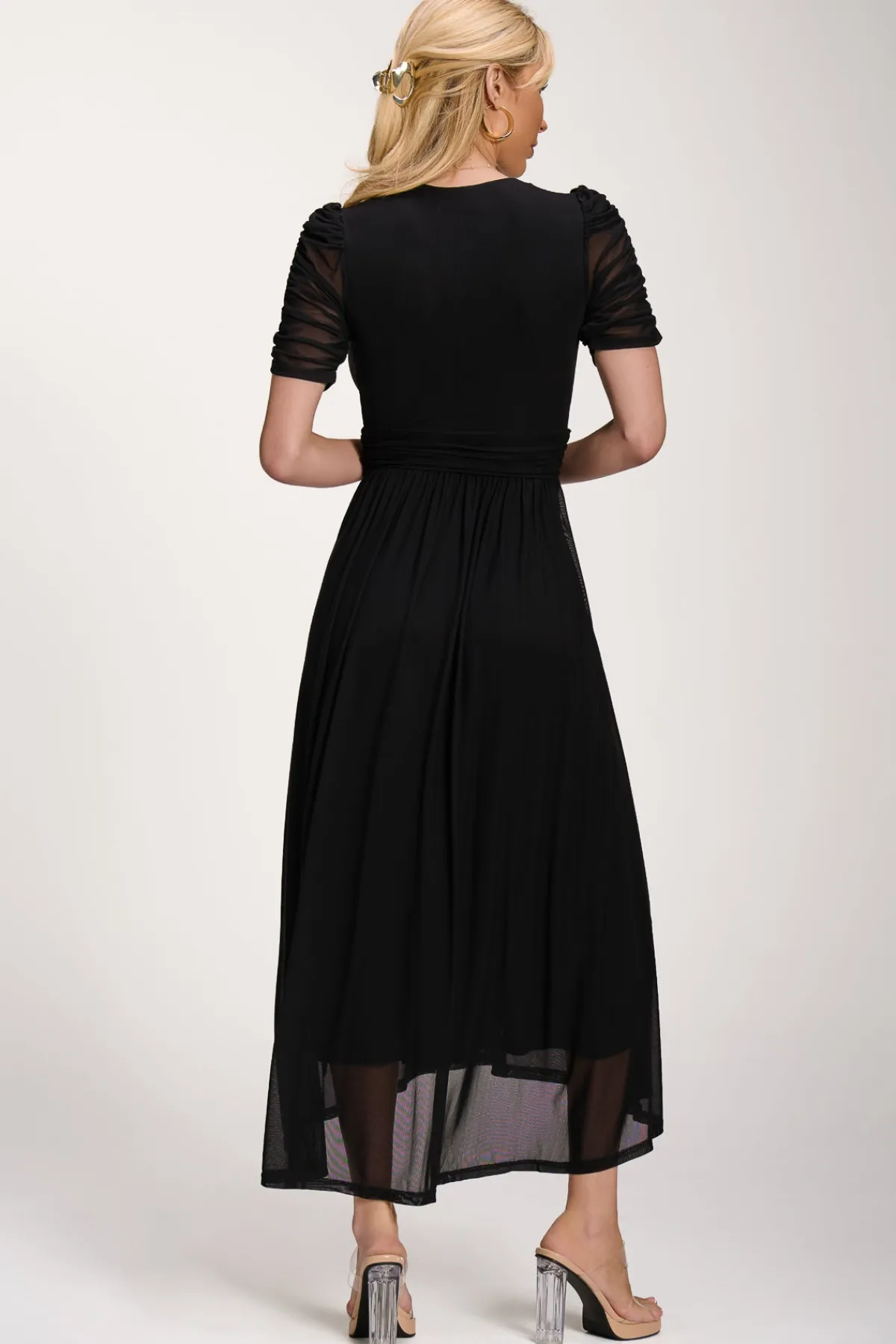 Jolie Moi Occasion Dresses|Party Dresses-Petite Mesh Ruched Sleeve Maxi Dress, Black