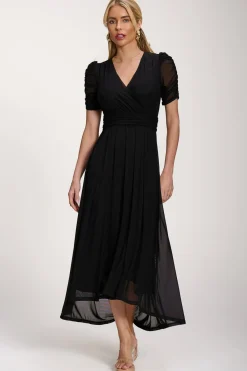 Jolie Moi Occasion Dresses|Party Dresses-Petite Mesh Ruched Sleeve Maxi Dress, Black