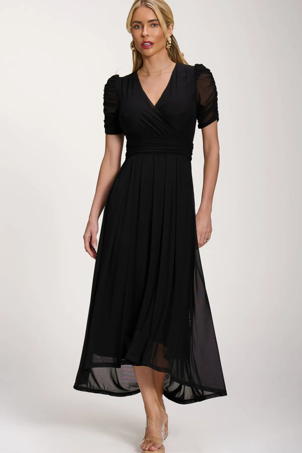 Jolie Moi Occasion Dresses|Party Dresses-Petite Mesh Ruched Sleeve Maxi Dress, Black
