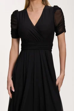 Jolie Moi Occasion Dresses|Party Dresses-Petite Mesh Ruched Sleeve Maxi Dress, Black