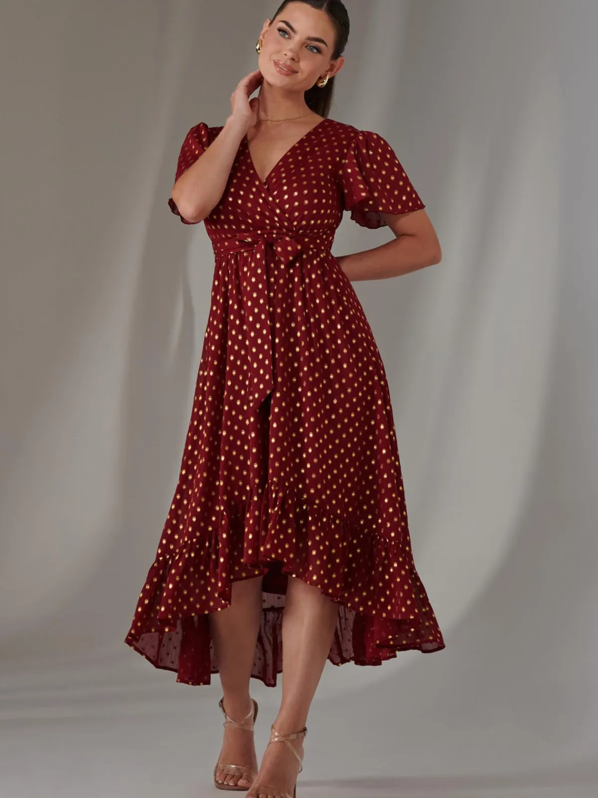 Jolie Moi Occasion Dresses|Party Dresses-Petite Short Sleeve Midaxi Dress, Burgundy