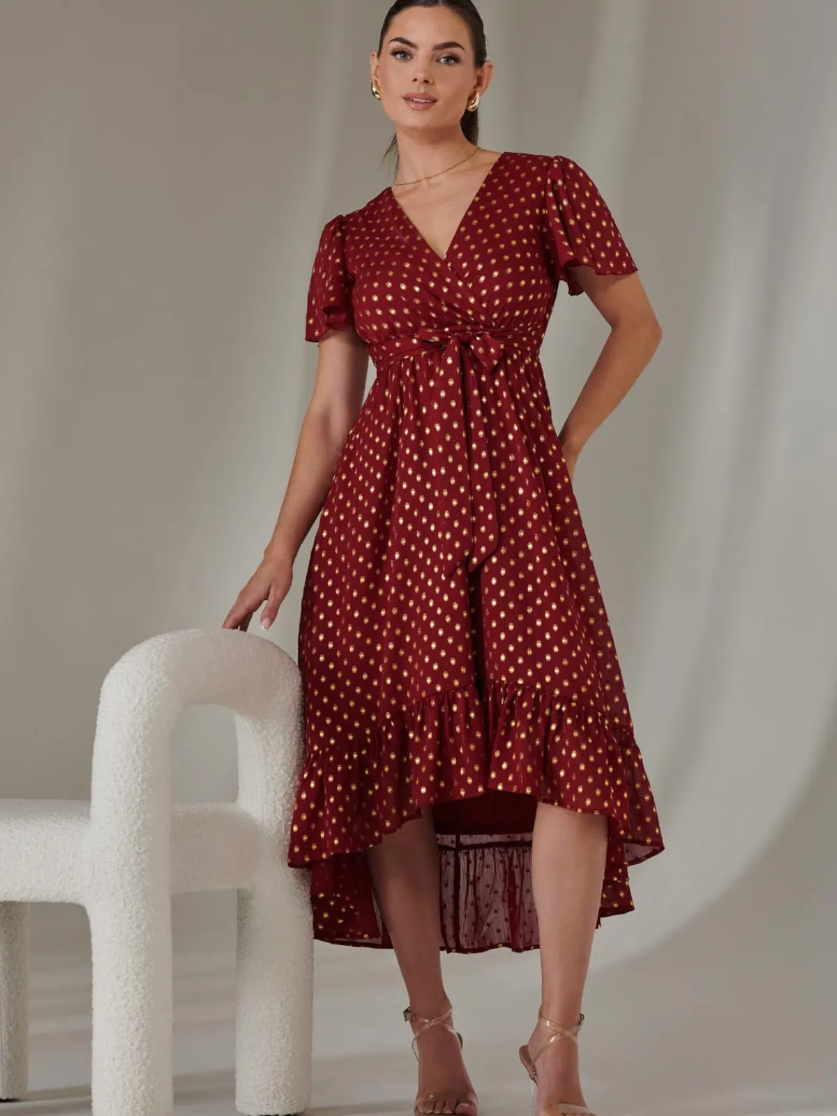 Jolie Moi Occasion Dresses|Party Dresses-Petite Short Sleeve Midaxi Dress, Burgundy