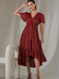 Jolie Moi Occasion Dresses|Party Dresses-Petite Short Sleeve Midaxi Dress, Burgundy
