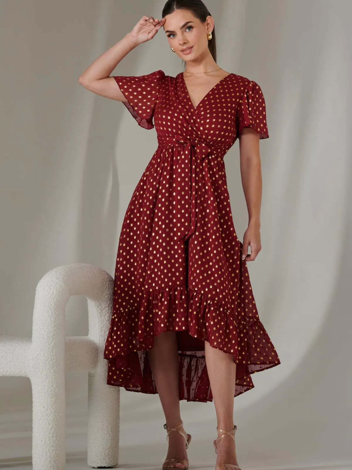 Jolie Moi Occasion Dresses|Party Dresses-Petite Short Sleeve Midaxi Dress, Burgundy