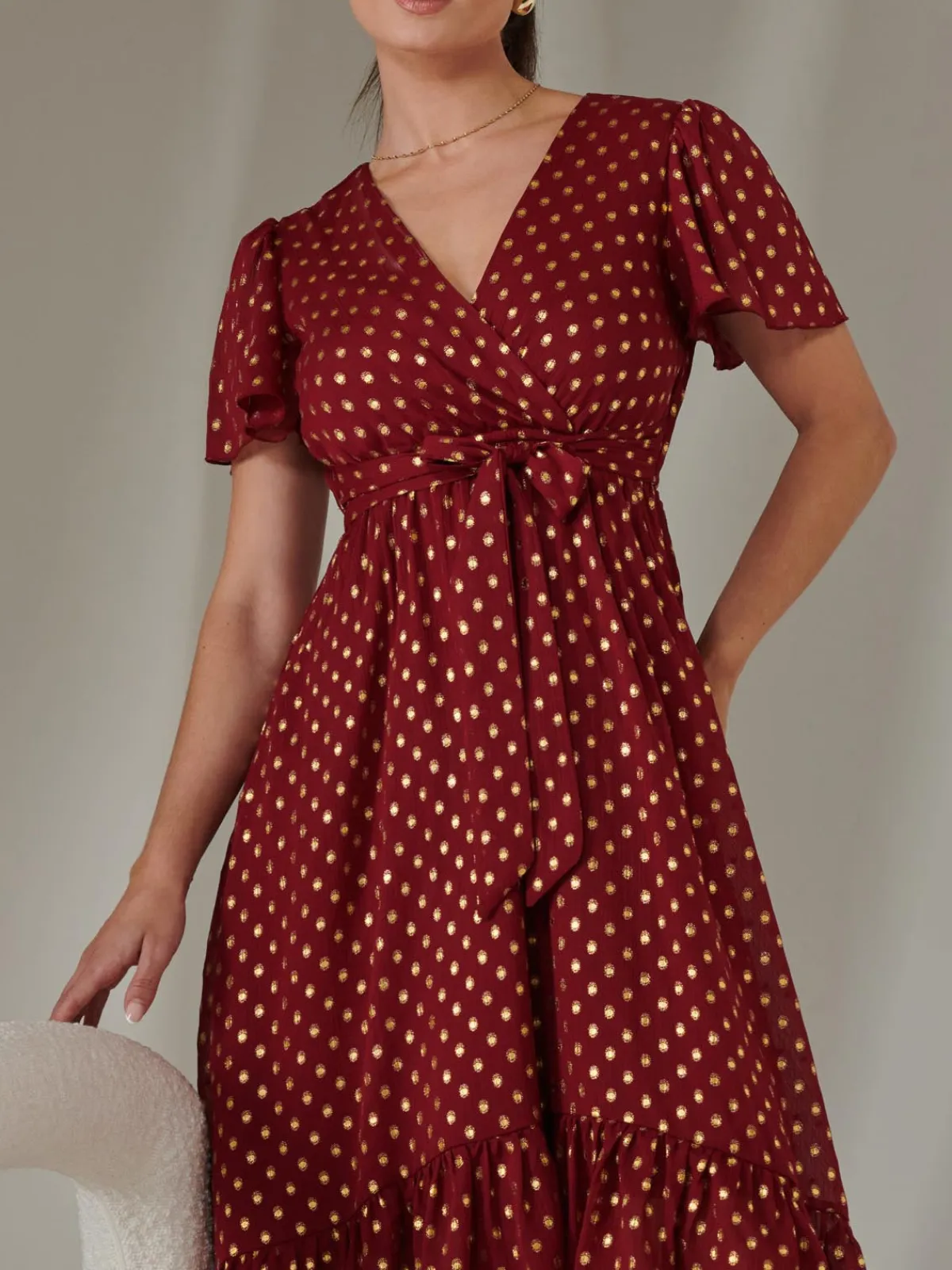 Jolie Moi Occasion Dresses|Party Dresses-Petite Short Sleeve Midaxi Dress, Burgundy