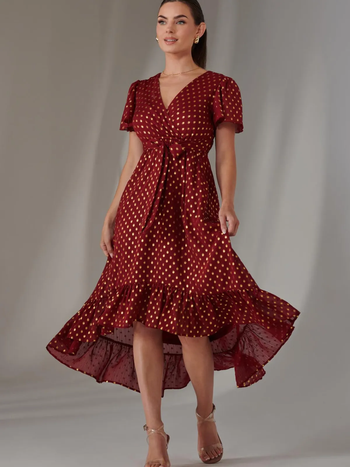 Jolie Moi Occasion Dresses|Party Dresses-Petite Short Sleeve Midaxi Dress, Burgundy