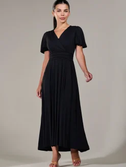Jolie Moi Occasion Dresses|Maxi Dresses-Petite Short Sleeve Soft Silky Jersey Maxi Dress, Black