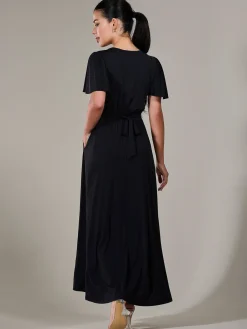 Jolie Moi Occasion Dresses|Maxi Dresses-Petite Short Sleeve Soft Silky Jersey Maxi Dress, Black