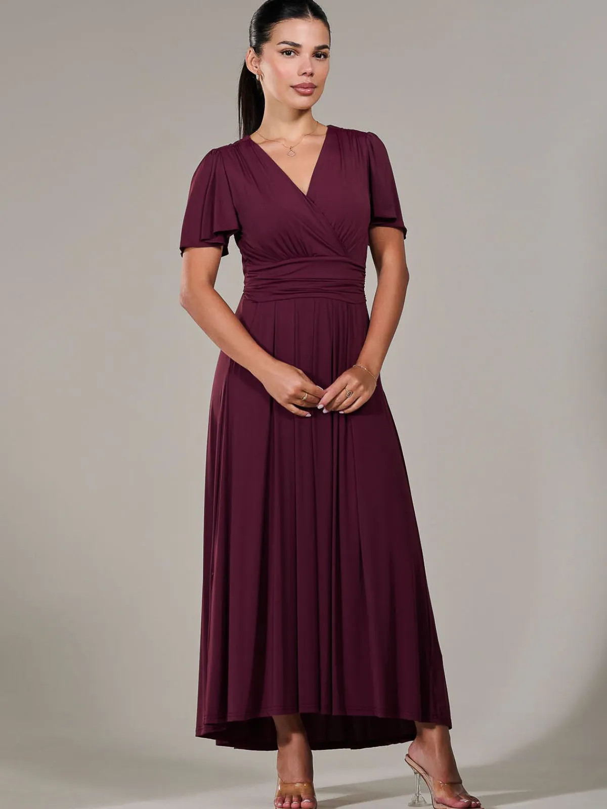 Jolie Moi Occasion Dresses|Maxi Dresses-Petite Short Sleeve Soft Silky Jersey Maxi Dress, Burgundy