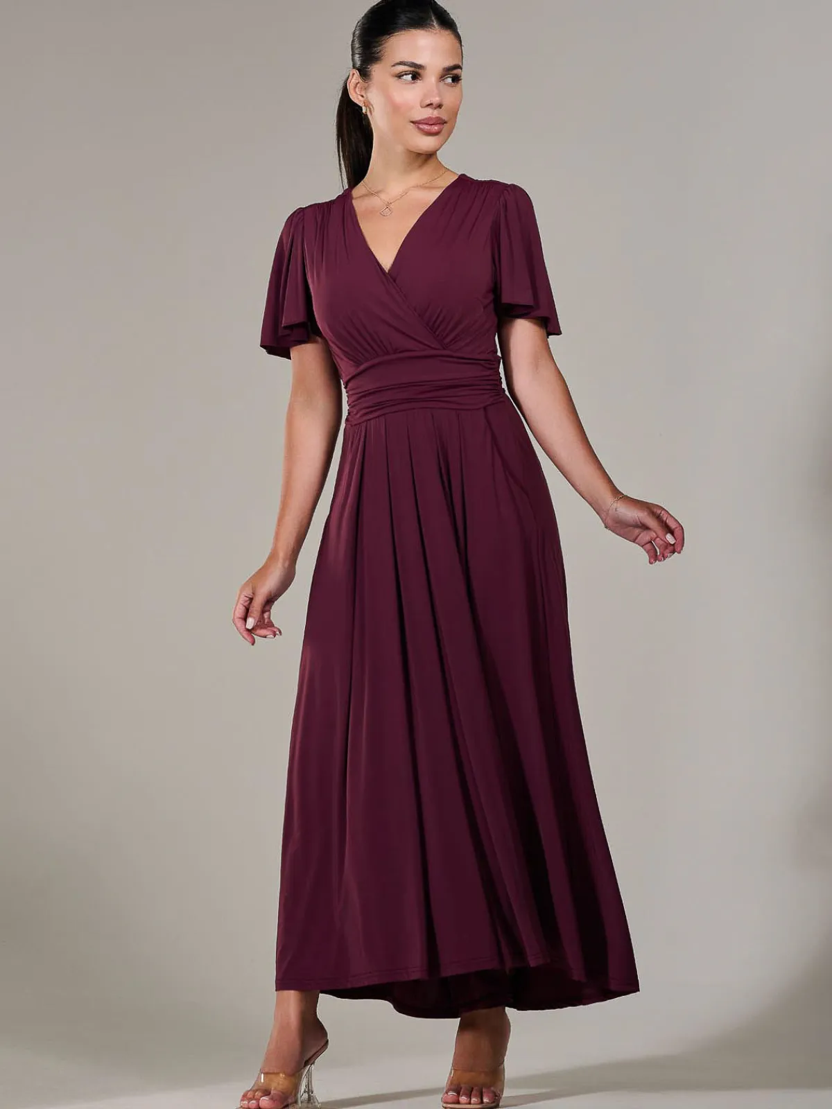 Jolie Moi Occasion Dresses|Maxi Dresses-Petite Short Sleeve Soft Silky Jersey Maxi Dress, Burgundy