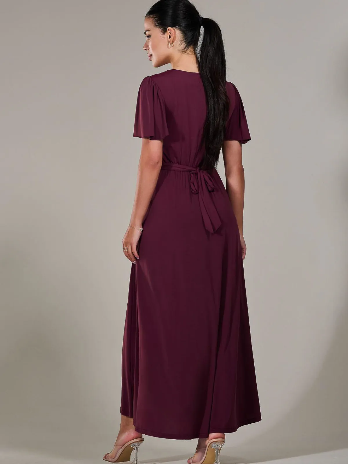 Jolie Moi Occasion Dresses|Maxi Dresses-Petite Short Sleeve Soft Silky Jersey Maxi Dress, Burgundy