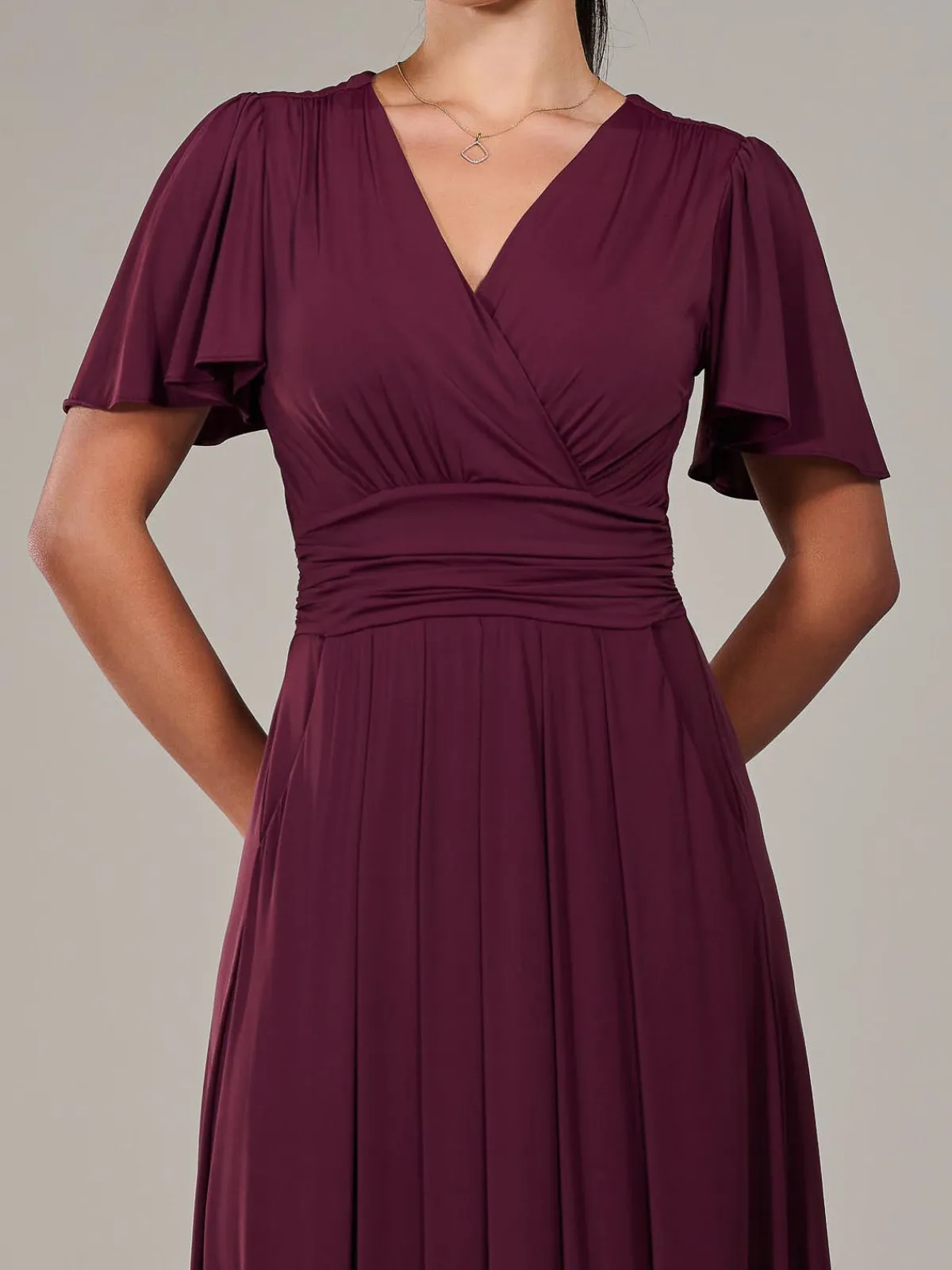 Jolie Moi Occasion Dresses|Maxi Dresses-Petite Short Sleeve Soft Silky Jersey Maxi Dress, Burgundy