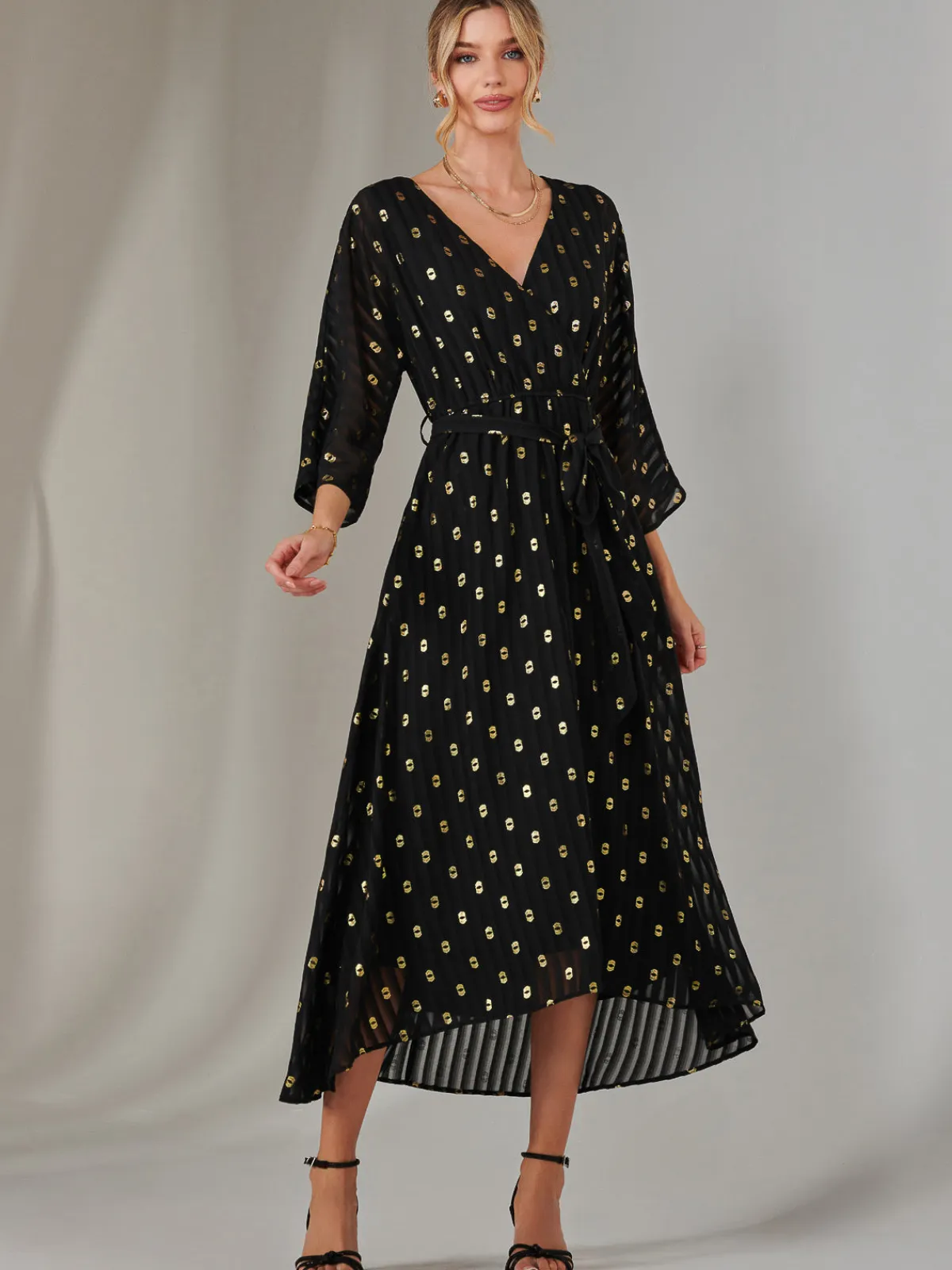 Jolie Moi Occasion Dresses|Weekend Casuals-Plain Gold Spot Chiffon Dress, Black/Gold