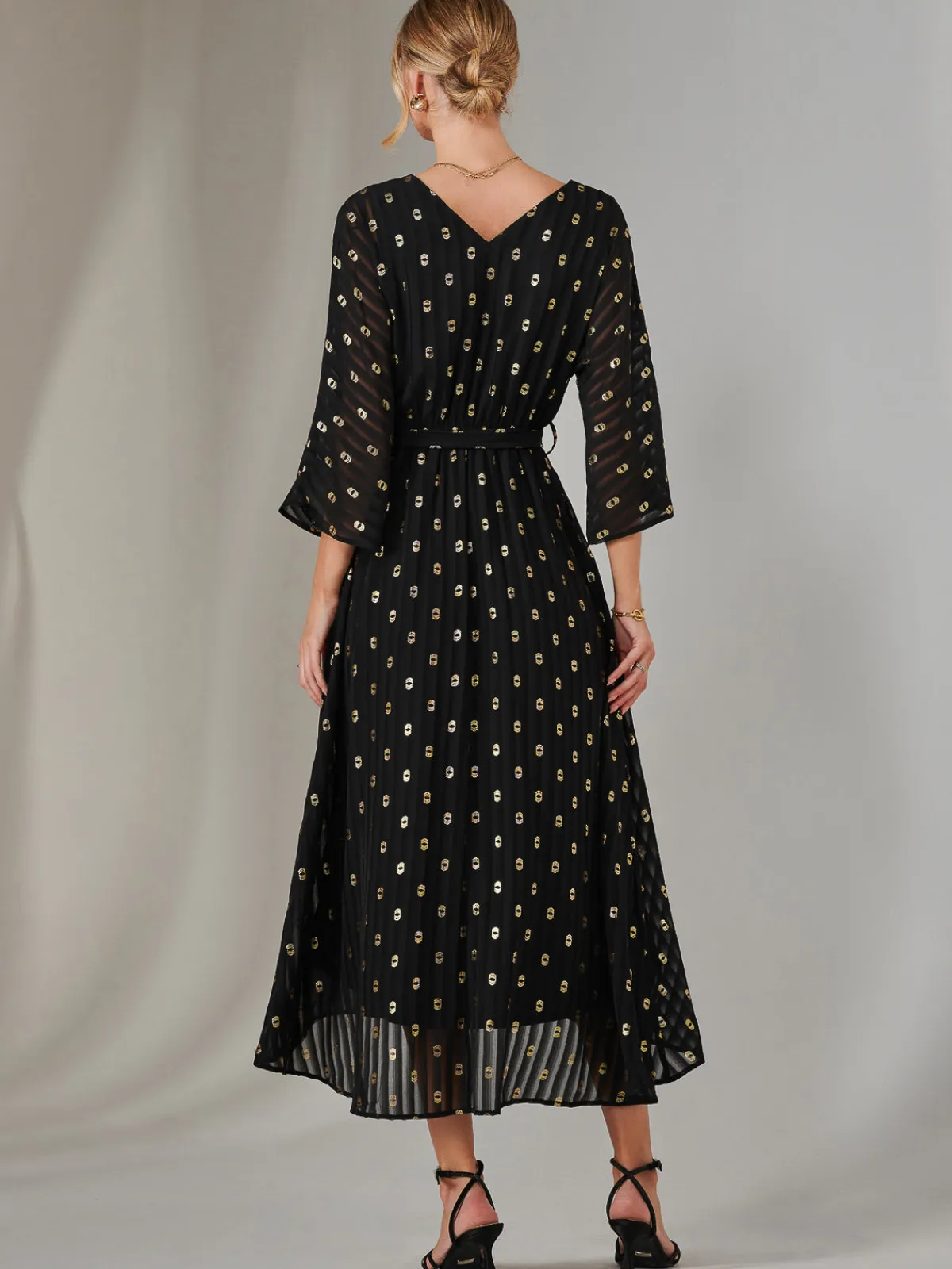 Jolie Moi Occasion Dresses|Weekend Casuals-Plain Gold Spot Chiffon Dress, Black/Gold