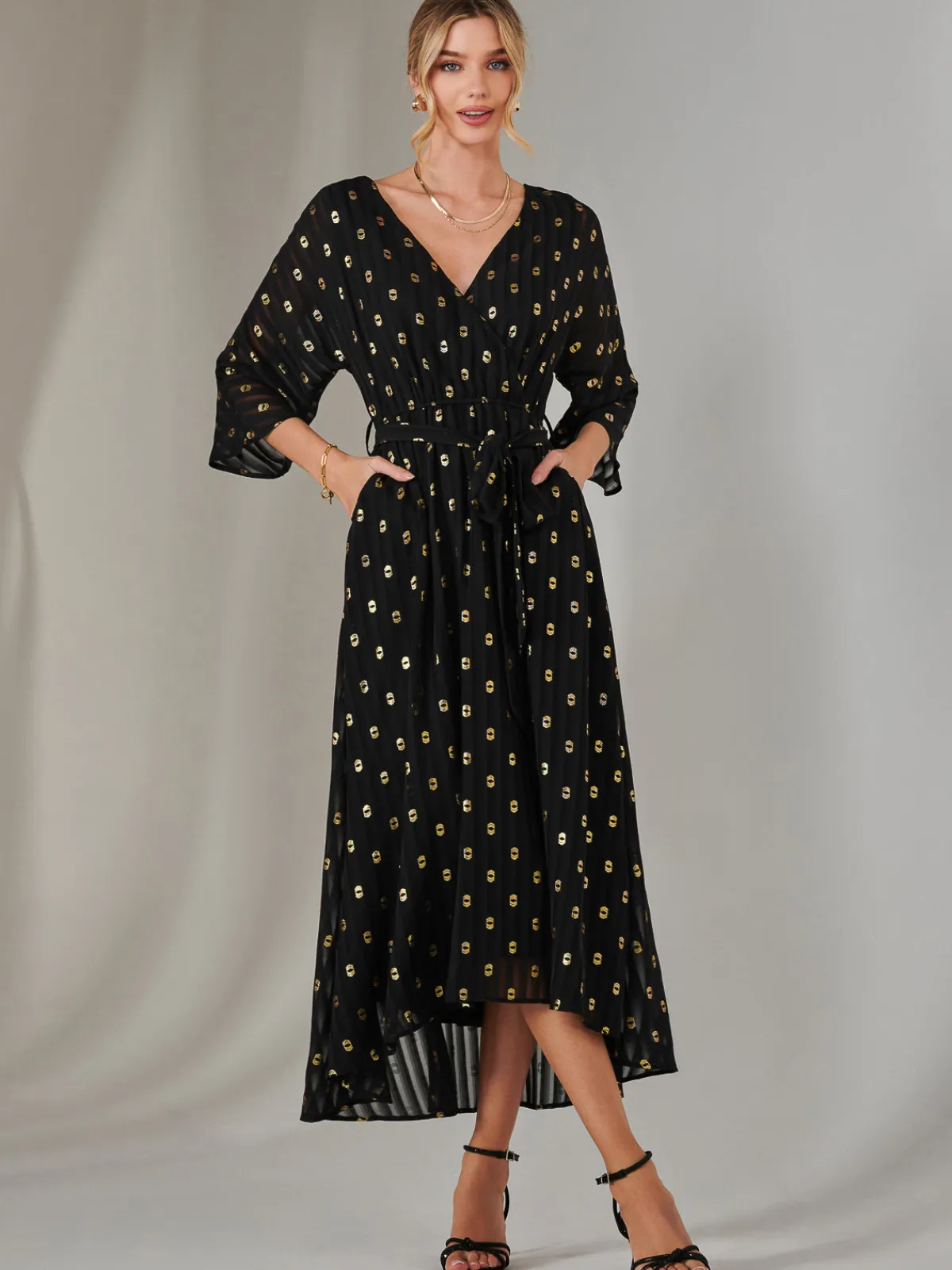 Jolie Moi Occasion Dresses|Weekend Casuals-Plain Gold Spot Chiffon Dress, Black/Gold