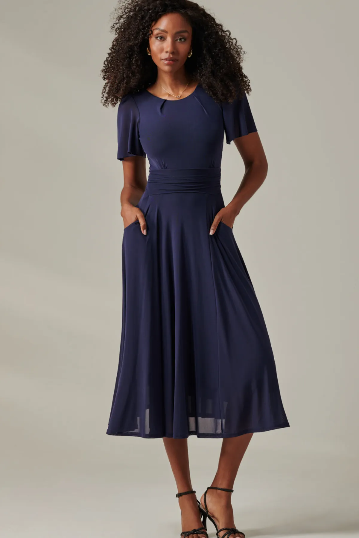 Jolie Moi Race Day Dresses|Mother Of The Bride-Plain Mesh Floaty Sleeve Midaxi Dress, Navy