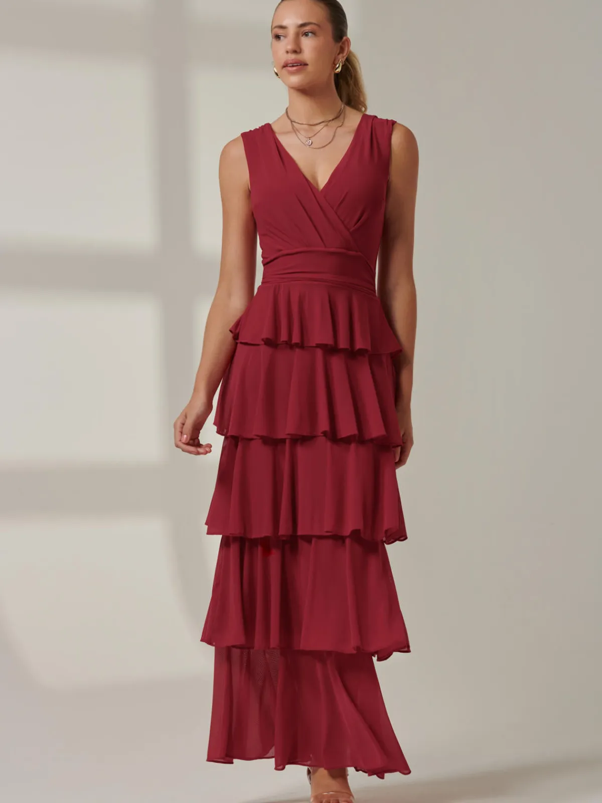 Jolie Moi Occasion Dresses|Sleeveless Dresses-Plain Tiered Mesh Maxi Dress, Burgundy