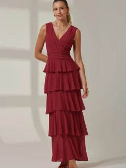 Jolie Moi Occasion Dresses|Sleeveless Dresses-Plain Tiered Mesh Maxi Dress, Burgundy