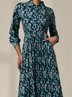 Jolie Moi Occasion Dresses|Jersey Dresses-Pleated Button Up Midi Dress, Navy Floral