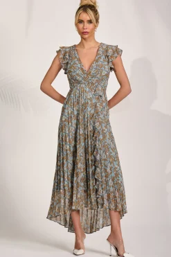 Jolie Moi Maxi Dresses-Pleated Chiffon Dip Hem Maxi Dress, Blue Floral